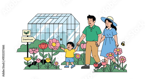 Modern vector illustration of family exploring botanical garden in spring season. Travel education and outdoor lifestyle concept with parents and children enjoying blooming plants together