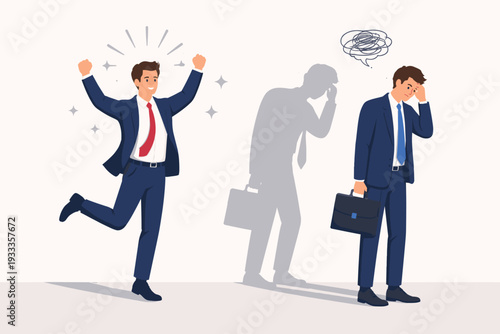 Happy and Sad Businessman Concept Showing Success and Failure, Emotional Mood Swings, Mental Health at Work, Burnout and Motivation, Professional Man in Suit Feeling Joyful and Depressed