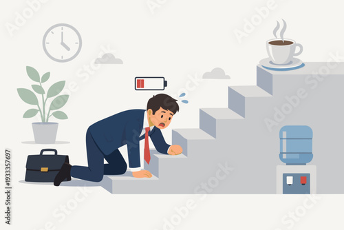 Tired Businessman Crawling Up Stairs for a Cup of Coffee, Exhausted Employee with Low Battery Icon Needing a Break, Overworked Office Worker Seeking Caffeine Boost, Burnout and Fatigue Vector