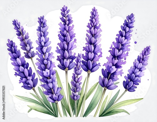 Watercolor illustration of multiple lavender sprigs and green leaves