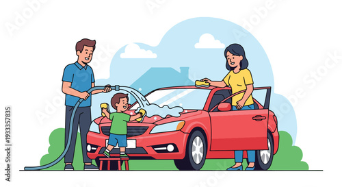 Modern vector illustration of family washing car together on sunny spring day. Home outdoor activity and teamwork bonding lifestyle concept with parents and children enjoying weekend