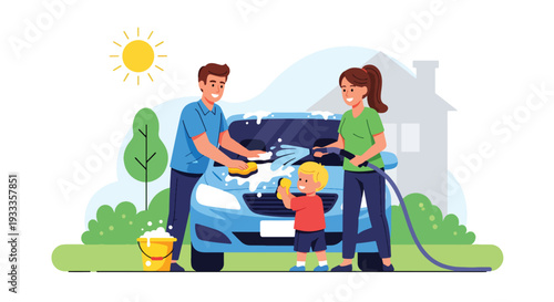 Modern vector illustration of family washing car together on sunny spring day. Home outdoor activity and teamwork bonding lifestyle concept with parents and children enjoying weekend