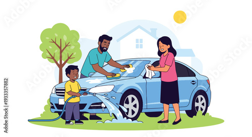 Modern vector illustration of family washing car together on sunny spring day. Home outdoor activity and teamwork bonding lifestyle concept with parents and children enjoying weekend