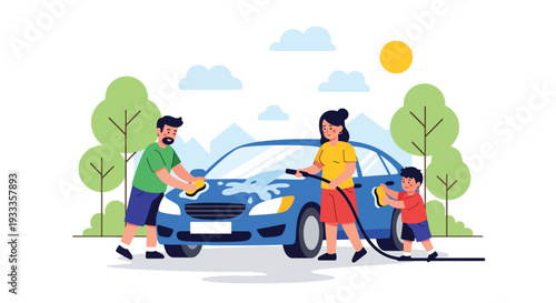 Modern vector illustration of family washing car together on sunny spring day. Home outdoor activity and teamwork bonding lifestyle concept with parents and children enjoying weekend