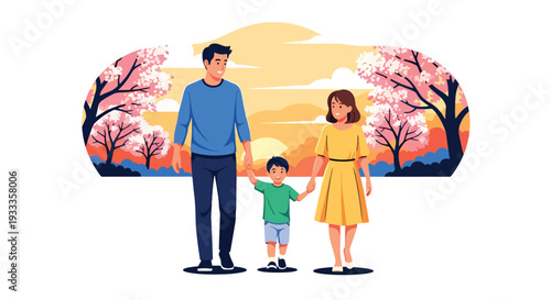 Modern vector illustration of family walking together at sunset in spring park holding hands. Peaceful outdoor bonding and lifestyle concept with blooming trees and seasonal nature