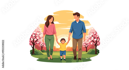Modern vector illustration of family walking together at sunset in spring park holding hands. Peaceful outdoor bonding and lifestyle concept with blooming trees and seasonal nature