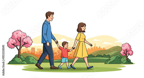 Modern vector illustration of family walking together at sunset in spring park holding hands. Peaceful outdoor bonding and lifestyle concept with blooming trees and seasonal nature