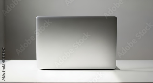 Minimalist closed silver laptop back view standing on a clean white desk. Perfect blank metal surface for sticker, decal, or logo design branding mockup. 