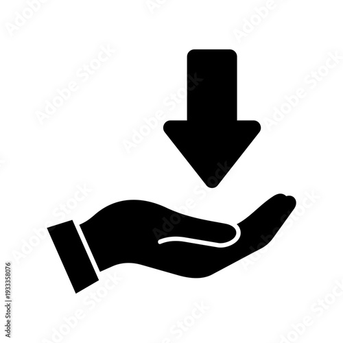 Downward arrow icon. Hand holding downward arrow. Vector icon isolated on white background.