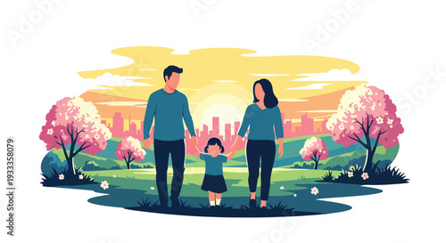 Modern vector illustration of family walking together at sunset in spring park holding hands. Peaceful outdoor bonding and lifestyle concept with blooming trees and seasonal nature