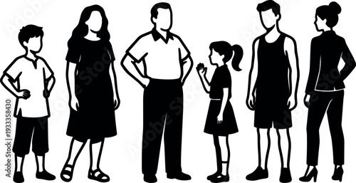 Silhouette family standing lineup vector art showing father mother teenage son daughter and young boy in profile poses casual outfits