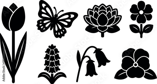Flat design floral icon set bold black silhouettes showing tulip butterfly lotus pansy hyacinth bluebell closeup vector sheet isolated editable