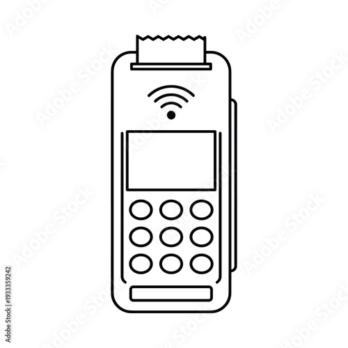 Portable point of sale terminal processing electronic payments, showing contactless technology, a screen, keypad, and receipt