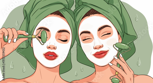 Vector illustration of two women with face masks and jade rollers