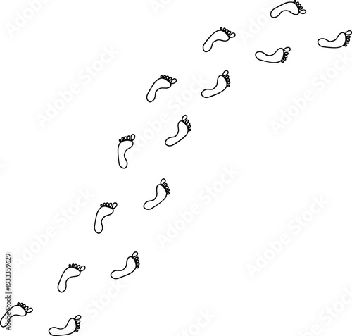 Footprint line path, human bare foot track outline set on white background. Minimalist walking person steps, footprint line design, simple body part shape. Bare foot contour collection