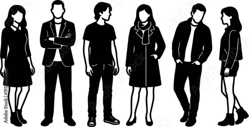 Minimalist silhouette vector people standing full length group casual poses side and front view looking at camera monochrome urban background