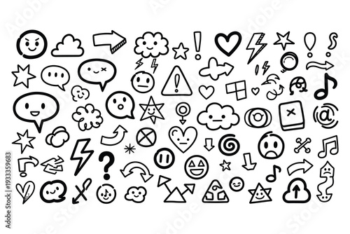 A collection of various emoticon and symbol doodles