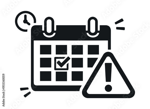 Calendar with a check mark, clock, and warning triangle, indicating an urgent deadline, appointment, or important schedule reminder