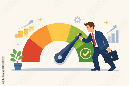 Businessman in suit adjusting a credit score gauge from low to high, representing financial growth, personal credit improvement, loan approval, banking success, and economic prosperity.