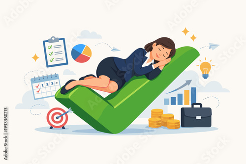 Successful businesswoman sleeping peacefully on a giant green checkmark symbol surrounded by business icons like charts, coins, and a calendar, representing task completion and work-life balance.