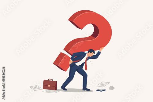 Businessman in a suit struggling to carry a massive red question mark on his back, representing business problems, heavy burden, stress, uncertainty, and the search for answers or solutions.