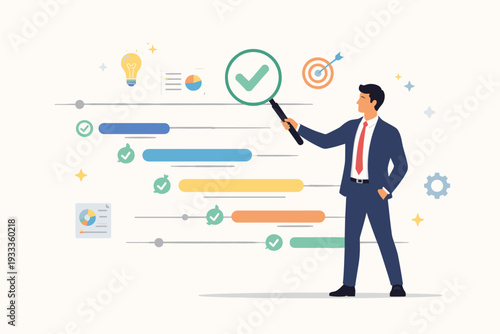 Businessman holding magnifying glass with check mark symbol to review completed tasks on project management timeline with Gantt chart, progress bars, milestones, and business data icons.