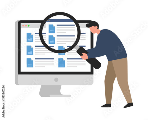 Person analyzing digital files on a computer screen using a magnifying glass. Concept of search, audit, research, and data investigation