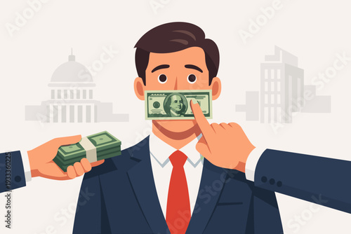 Corruption Concept with Businessman Having Mouth Covered by Dollar Banknote. Lobbyist Hand Offering Cash Stack to Buy Silence and Influence in Government and Corporate Business World Vector.
