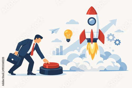 Businessman in Suit Pushing Red Start Button to Launch Rocket for New Business Startup Project, Creative Idea Innovation Concept with Lightbulb, Gears, and Growth Chart, Flat Vector Illustration.