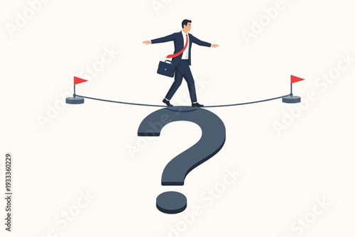 Businessman in a suit walking on a tightrope shaped like a question mark, representing business risk, uncertainty, career challenges, and the precarious nature of decision making and planning.