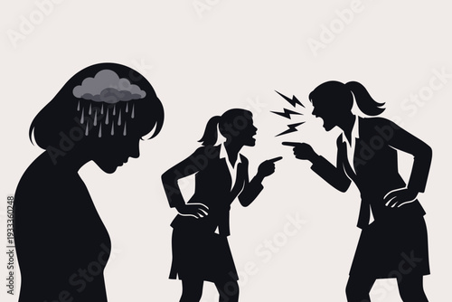 Silhouette of a Sad Businesswoman with a Rain Cloud in Her Head Representing Depression and Mental Health Issues Caused by Workplace Bullying, Corporate Conflict, and Toxic Office Environment.