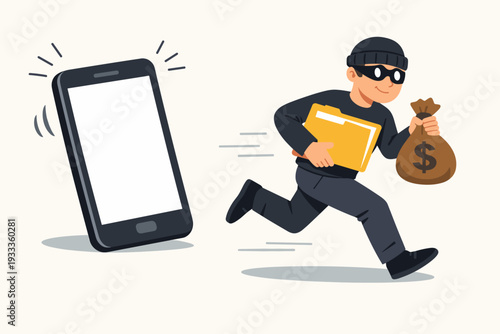Cartoon illustration of a criminal thief running away from a smartphone while carrying a stolen data folder and a money bag, representing mobile cybercrime, identity theft, and digital fraud.