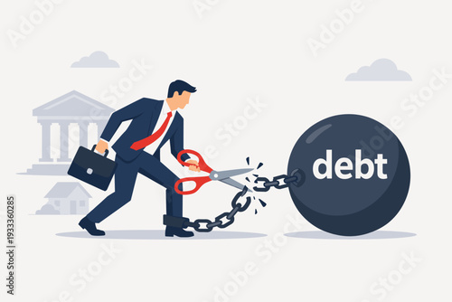 Businessman using scissors to cut a heavy chain attached to a debt ball, symbolizing financial freedom, loan reduction, mortgage relief, and successful negotiation with bank institutions.