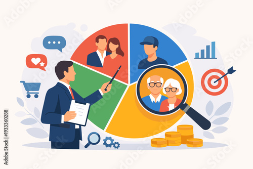 Customer segmentation analysis for marketing and advertising concept. Target audience identification, consumer and user group demographic research with businessman pointing at a pie chart.