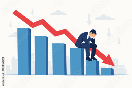 Stressed businessman sitting on a falling bar chart with a red arrow pointing down, representing economic recession, financial crisis, stock market crash, bankruptcy, and business failure.