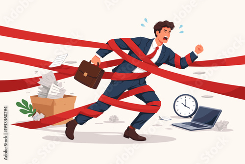 Frustrated Businessman Trapped in Red Tape Symbolizing Bureaucracy and Business Failure. Stressed Professional Struggling with Administrative Hurdles, Corporate Obstacles, Job Loss, and Stress.