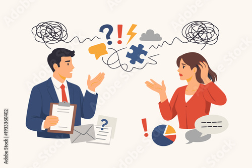 Professional business communication problems and misunderstanding concept featuring man and woman having a confusing conversation with chaotic symbols, puzzle pieces, and question marks overhead.