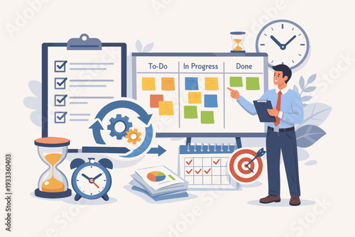 Professional project manager organizing workflow on a scrum task board with sticky notes, checklist, and calendar. Agile methodology concept with time management tools like clock and target goal.