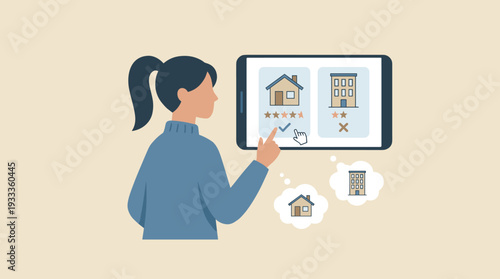Woman Choosing House or Apartment to Rent or Buy in Mobile App Based on Customer Reviews and Star Ratings, Real Estate Property Search Online, Comparison and Decision Making Flat Illustration