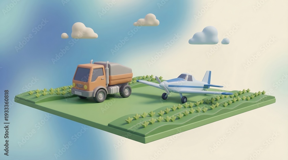 Obraz premium 3D Illustration of Utility Vehicle and Small Plane on Green Agricultural Field