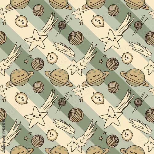 Cute Kawaii Space Pattern: Stars, Planets, Shooting Stars, and Yarn Balls on Striped Background