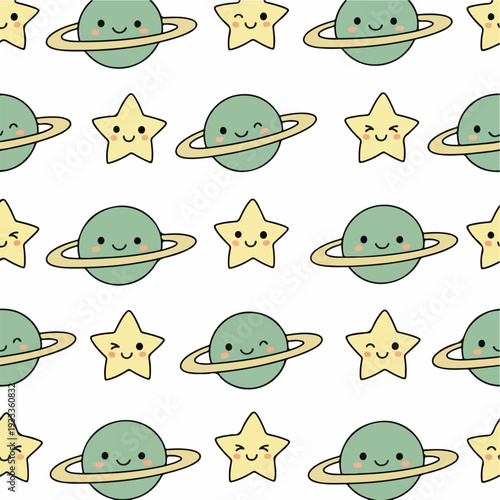 Cute cartoon seamless pattern with happy planets and winking stars on a white background, perfect for kids' fabric, nursery decor, or digital paper.