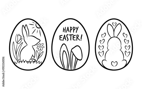 A set of easter eggs illustrations decorated with cute bunnies, doodle-style vector drawing. Minimalist hand drawn line art expressing spring, playful, symbolic and creative design concept.