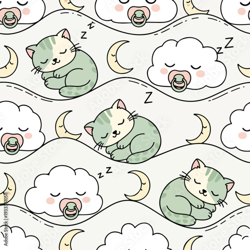 Cute seamless pattern with sleeping kittens, clouds with pacifiers, and crescent moons, perfect for baby nursery decor, textiles, and sweet dreams.