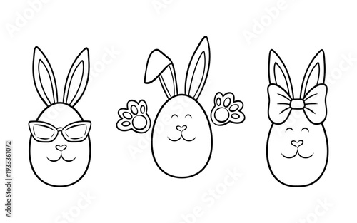 A set of easter eggs illustrations decorated with cute bunnies, doodle-style vector drawing. Minimalist hand drawn line art expressing spring, playful, symbolic and creative design concept.