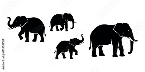 Elephants walking as a family group, featuring adult male and female with a baby calf, black silhouette vector icon set