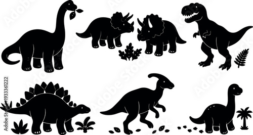 Flat silhouette vector dinosaur set showing six prehistoric creatures in playful poses with leaves and footprints black side view species