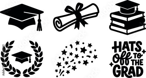 Minimalist flat design graduation icons set mortarboard diploma laurel confetti stack of books and hats off text celebration vector silhouette
