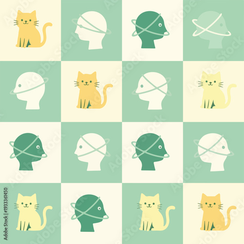 Cute cartoon cats and stylized human heads with orbiting rings pattern on a checkered background