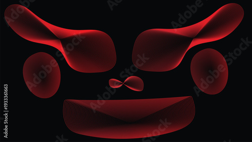 Intriguing red geometric abstract element face on dark. Digital art with glowing fluid shapes